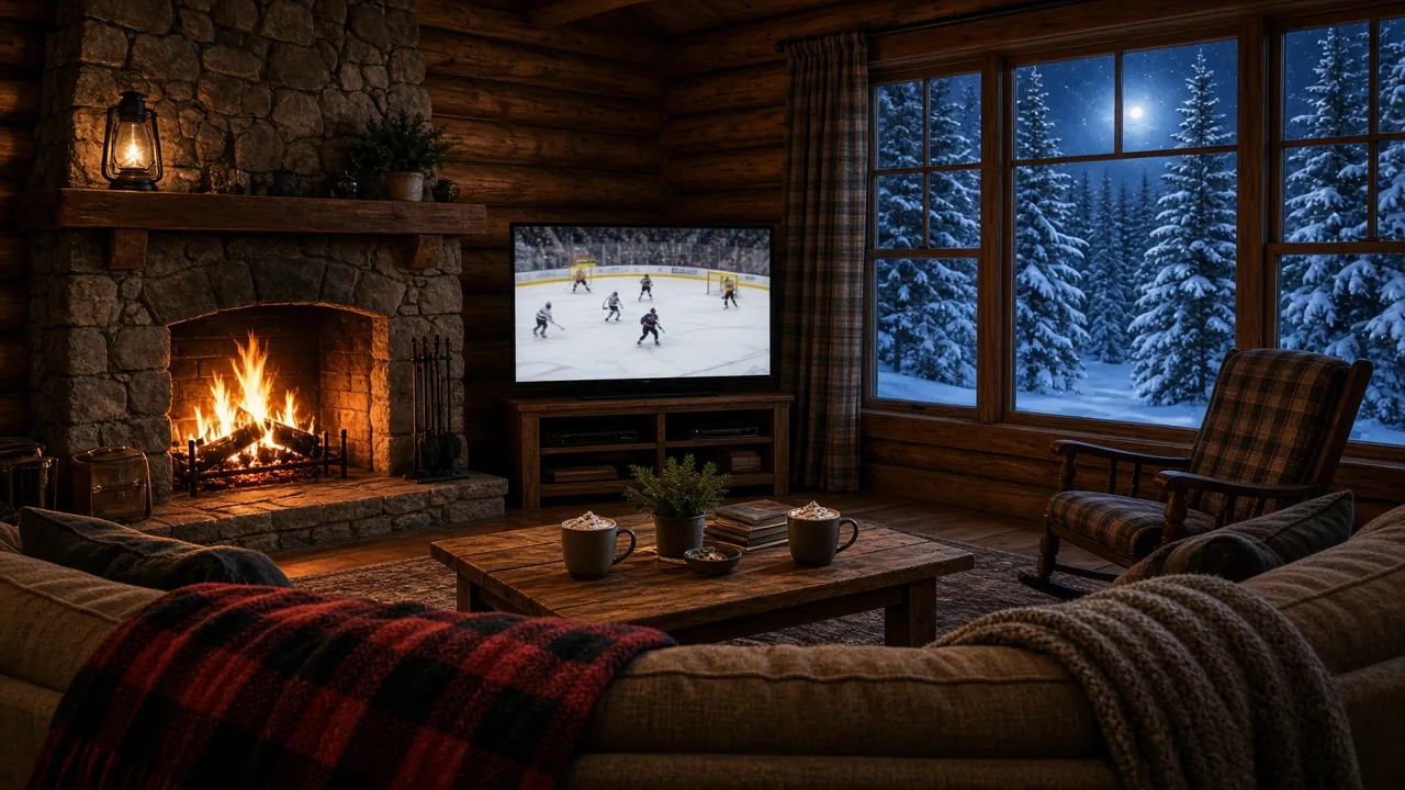 Live ice hockey on Trex IPTV in a cosy Canadian cabin on a snowy evening