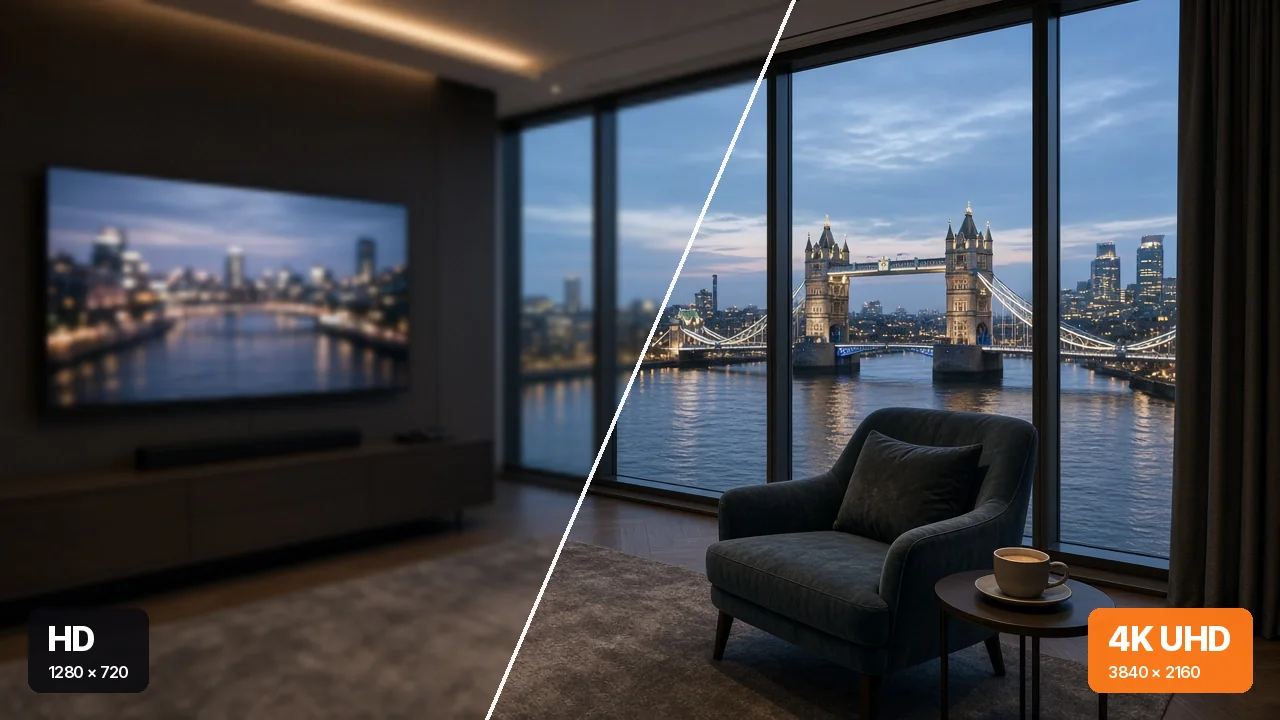 Trex IPTV picture quality: the same London scene in HD and in 4K