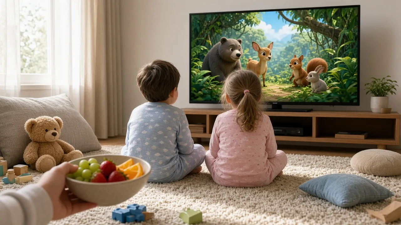 Children watching cartoons on Trex IPTV on a Saturday morning