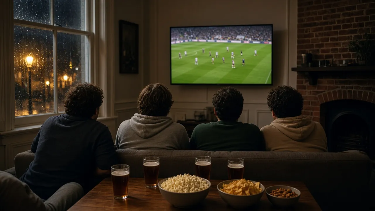Friends watching live football with Trex IPTV in a London flat on match night
