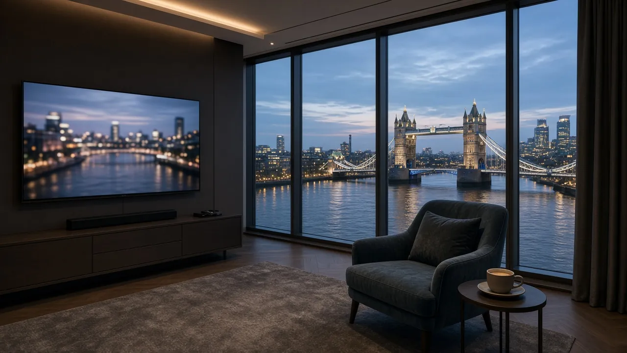 Trex IPTV in a riverside London apartment at dusk, Tower Bridge in the window