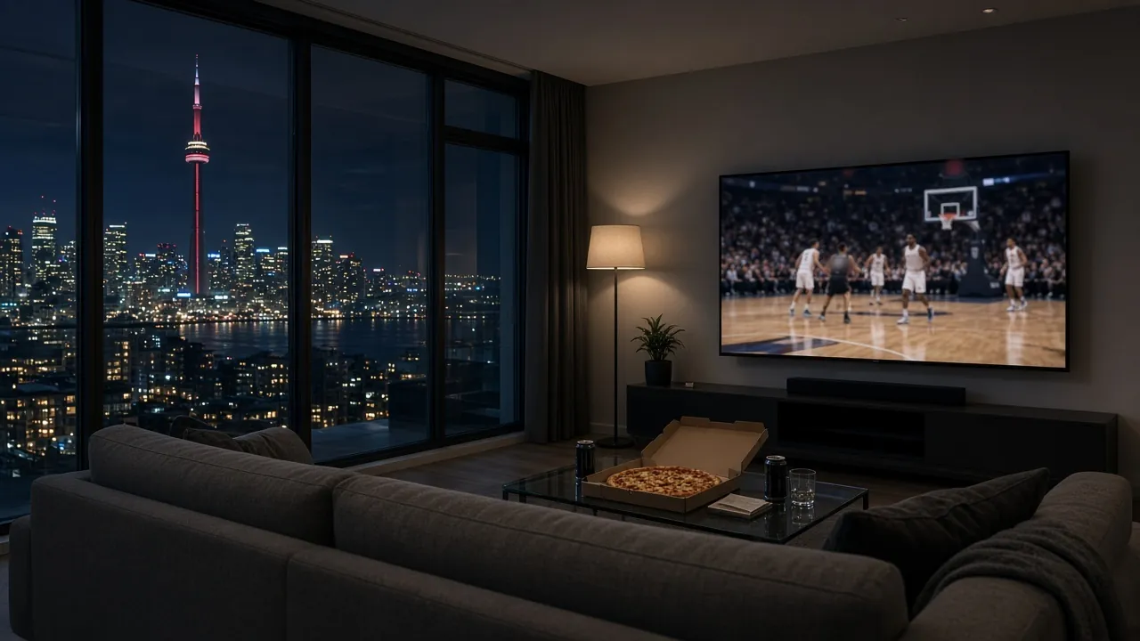Live basketball on Trex IPTV in a Toronto condo at night